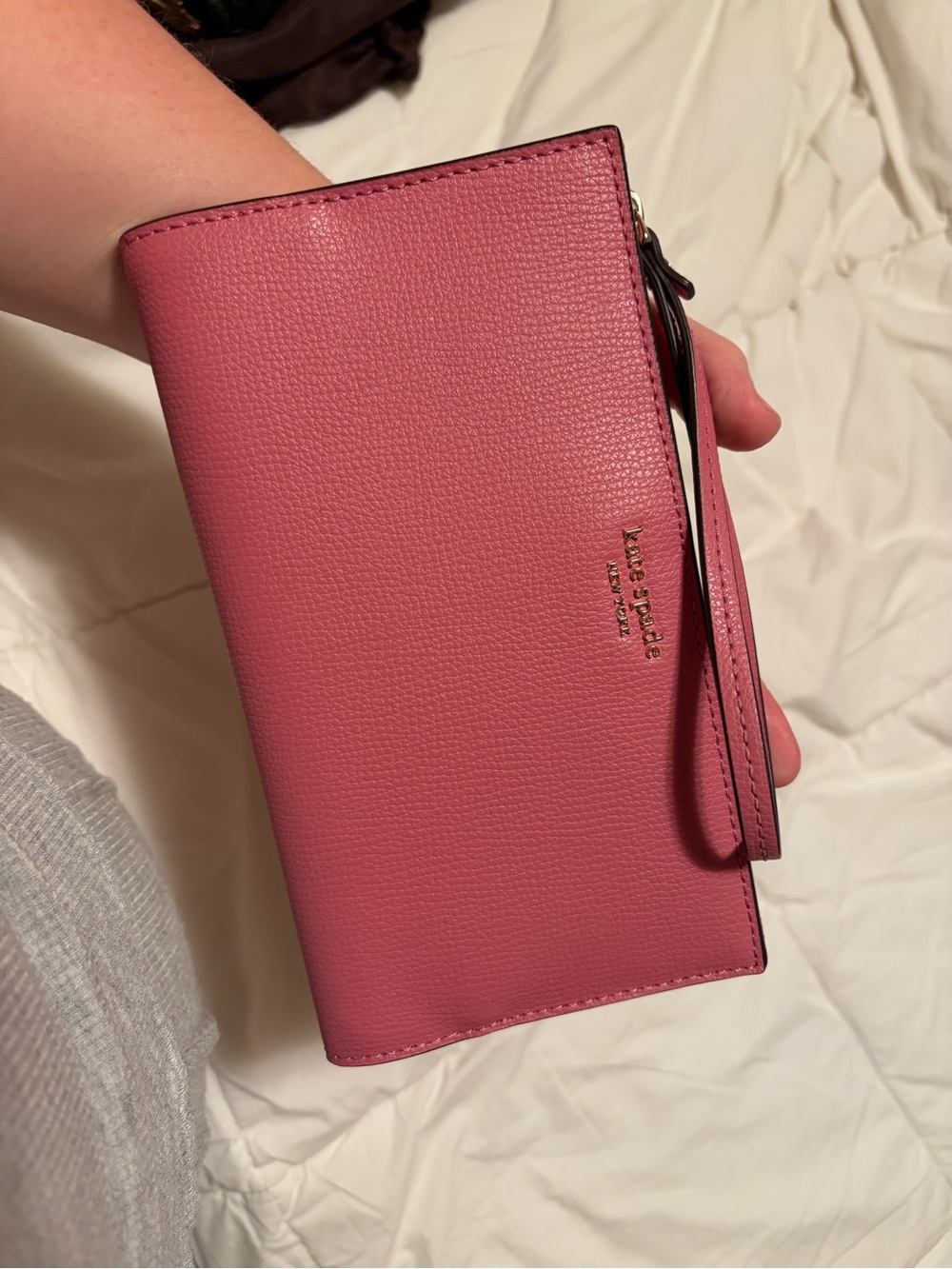 kate spade pink pebble leather wristlet wallet with strap